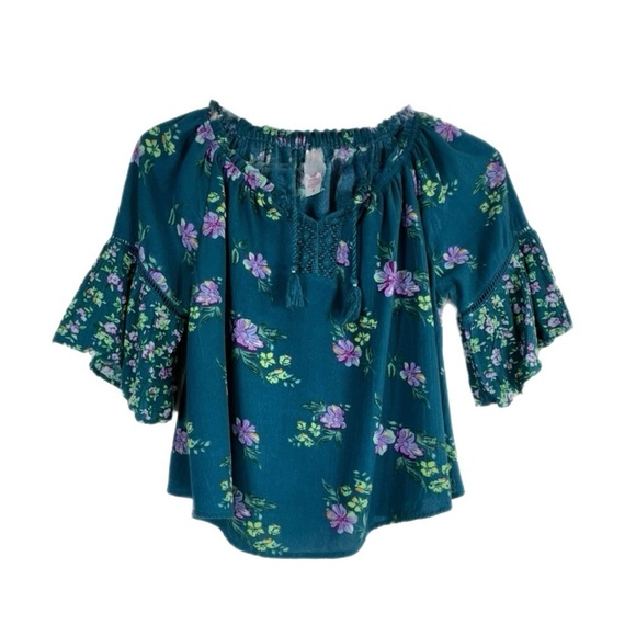 Justice Other - Justice Teal Boho Floral Bell Sleeve Peasant Blouse